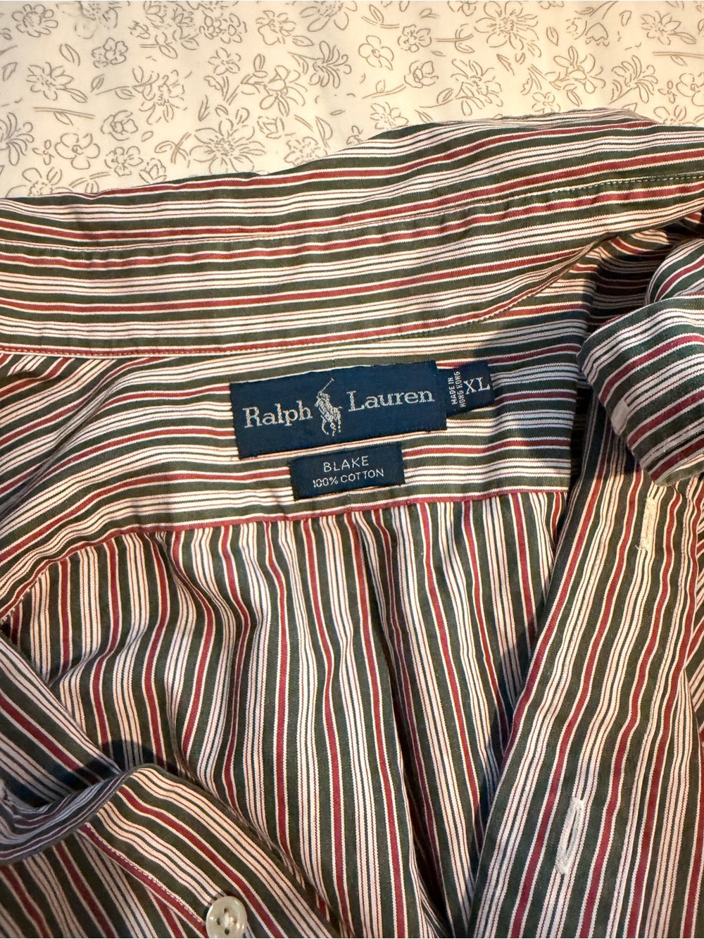 Vintage Ralph Lauren Blake Stripe Cotton Shirt - Olive/Red/White (XL)